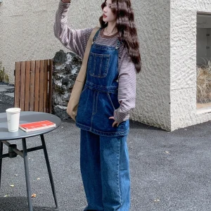 Slimming Straight Leg Denim Overalls High Waist Workwear Sle Deep Blue Casual Long Pants Women's Faion Agel Design - AliExpress Jumpsuits&Rompers