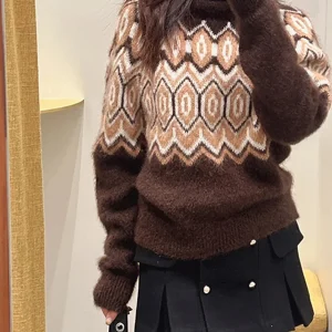 Autumn Winter Geometric Pattern Camere Sweater Women's High Collar Pullover Furry Texture Vintage Sle Knitted Top - AliExpress Sweaters&Jumpers