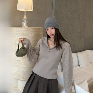 Ranwear Parisian Sle Knitted Woolen Sweater Simple Chic Lapel Lantern Sve Women's Soft Warm Long Sve Zipper Closure - AliExpress Sweaters&Jumpers
