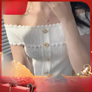 MaSande Summer 2023 Women's Knitted Ruffle oulder ort Sve Pure Color Commute Sle Top Floral Lace Trim f Sve - AliExpress Sweaters&Jumpers