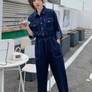 Ele Vintage American Long Sve Denim Overalls for Women Spring Autumn High Waist Wide Leg Pants Comfortable Workwear - AliExpress Jumpsuits&Rompers