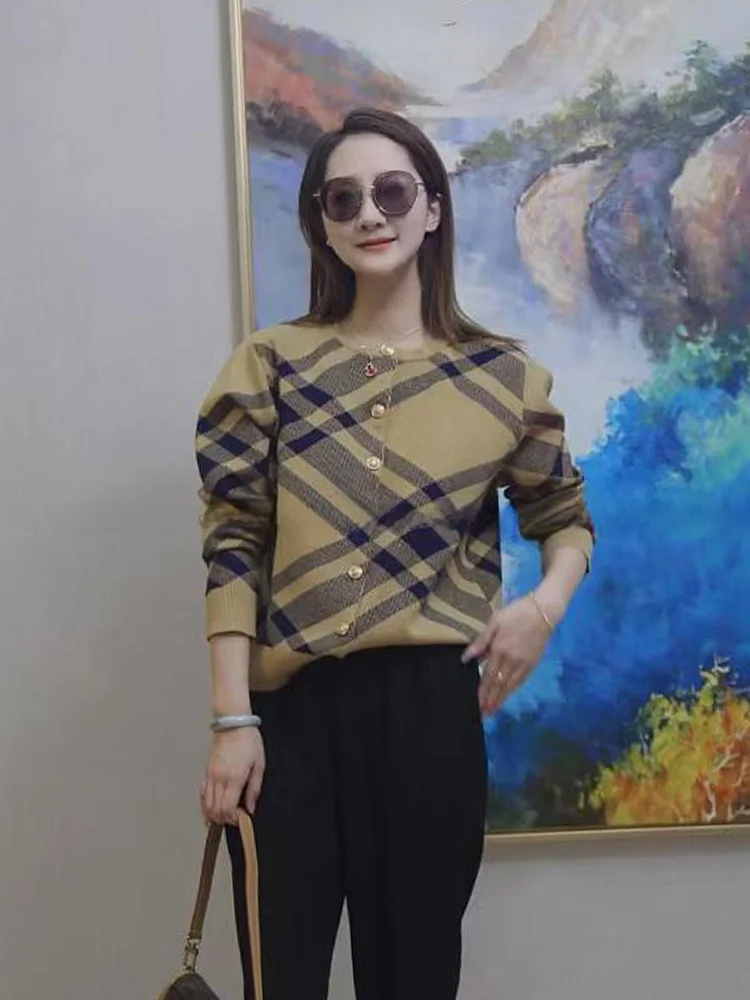High-End Korean Sle Vintage Casual Plaid Knitted Open Cardigan for Women Ele Gentle Commute Sle Regular Fit Long Sve - AliExpress Sweaters&Jumpers
