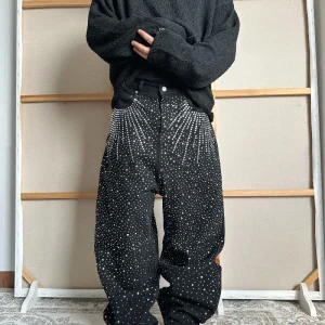 American Retro Heavy-duty Rhinestone Fashion Trend Wide-leg Jeans Unisex Street Loose Casual Personality High-end Long Pants - AliExpress Pants