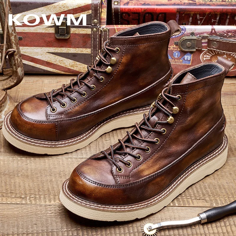 KOWM Cowhide Hiking shoes men's walking boots British high top motorcycle boots ankle casual sneakers trekking shoes thick soled - AliExpress Sneakers