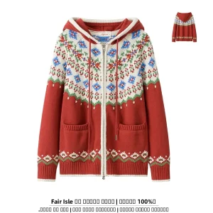 100% Cotton Fair Isle Knitted Hoodie Women's Autumn Winter Thickened Double Zipper Loose Sweater Cardigan Versatile Warmth - AliExpress Sweaters&Jumpers