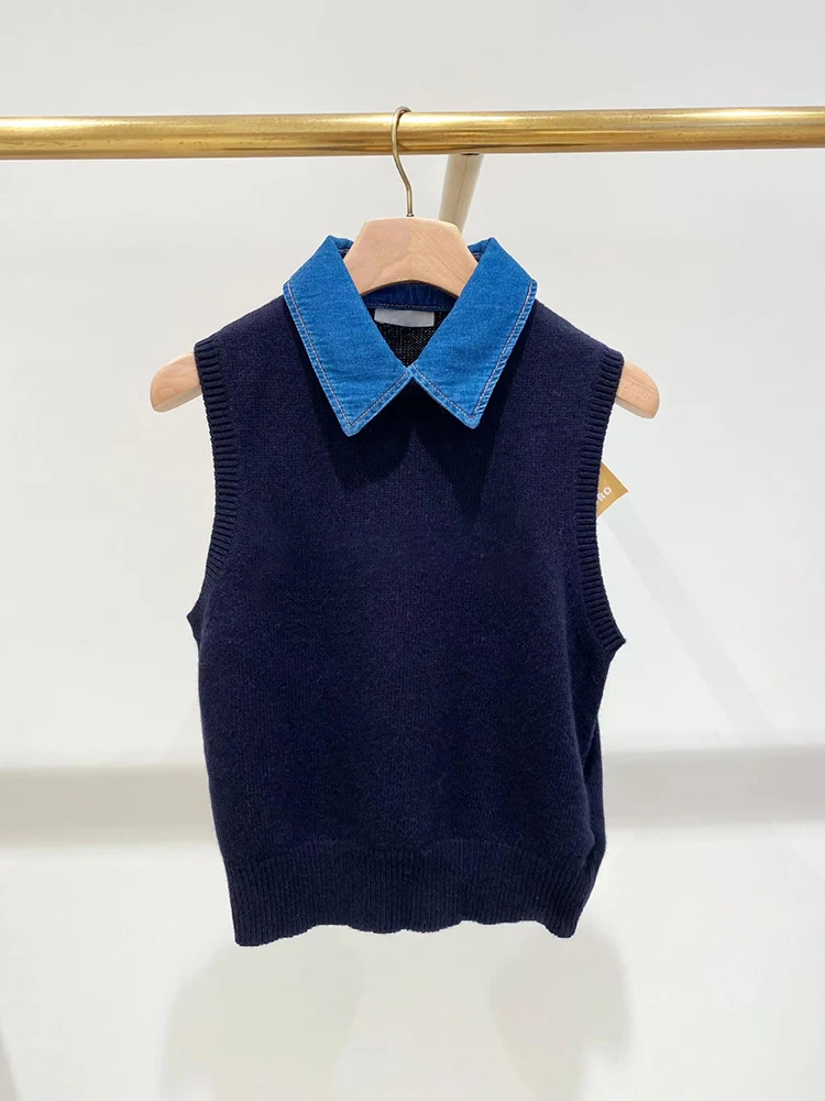 S Home South Oil High End Women's Denim Patchwork Knitted Vest Top for Autumn Season Ladies Faion Commute Sle Slim Fit - AliExpress Sweaters&Jumpers