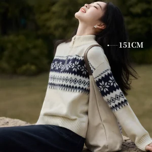 Early Autumn Korean Style Women's Knitted Sweater Loose Fit Long Sleeve Zipper Closure Geometric Pattern Female Children's Cl... - AliExpress Sweaters&Jumpers