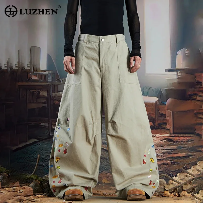 LUZHEN 2025 New Stylish Baggy Niche Pattern Patchwork Wide Leg Casual Jeans Men's Original Streetwear Vintage Denim Pants JY5036 - AliExpress Pants