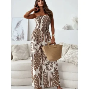 Elegant Women Print Jumpsuit Spring Summer Sexy Off Shoulder Strapless Strapping Waist Cinching Romper Wide Leg Bodysuit Street - AliExpress Jumpsuits&Rompers