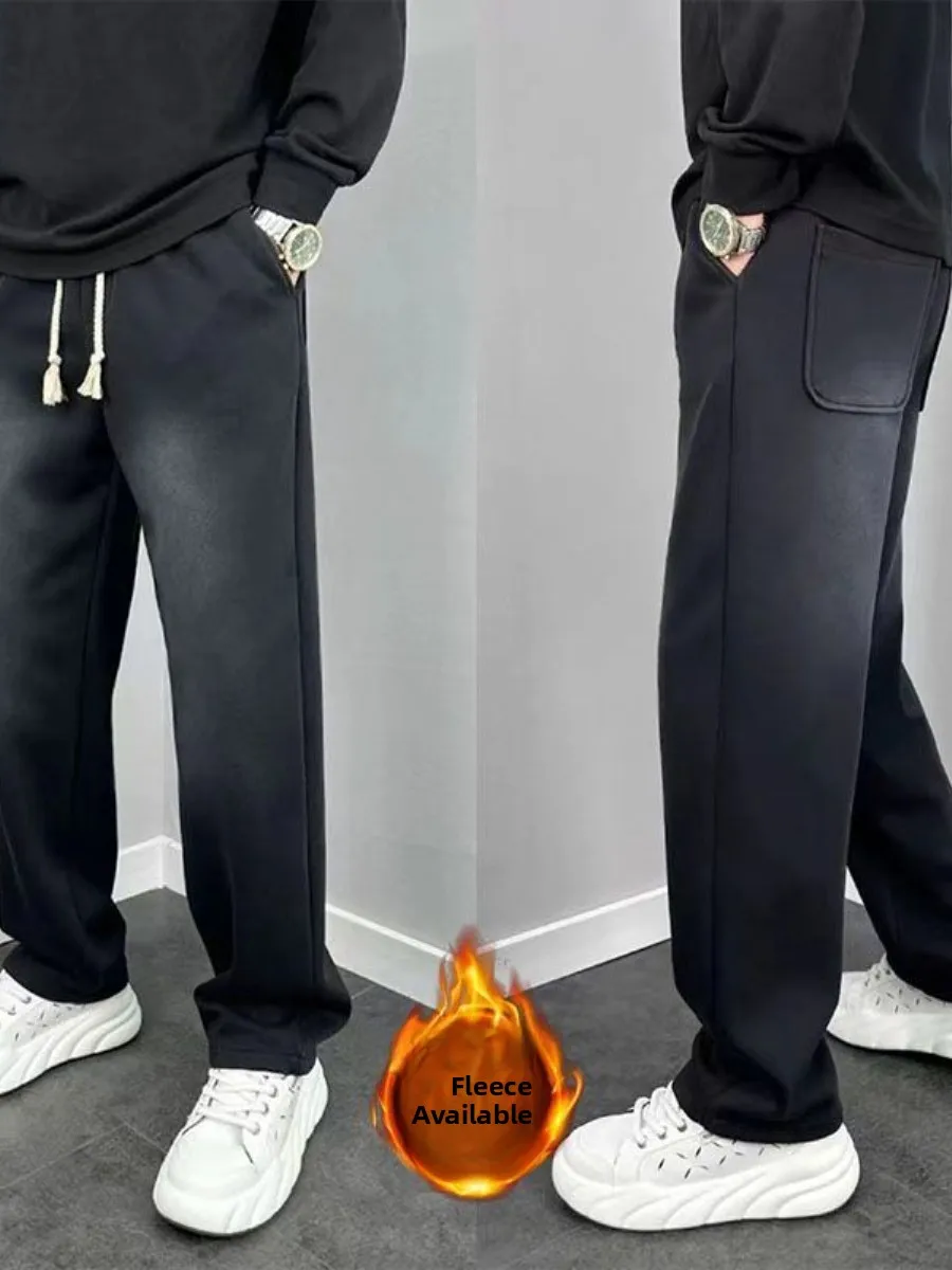 Men's Casual Printed Fce Lined Wide Leg Pants Autumn Winter Loose Drapey Faionable Straight Cut Trousers Spor Sle - AliExpress Pants