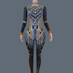Chic Sparkly Rhinestone Long Sleeve High-end Jumpsuit Sexy Bodycon Bodysuit Club Event Stage Show Dress Spandex Jumpsuit Nvwang - AliExpress Jumpsuits&Rompers