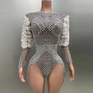 Pearl Rhinestones Diamonds Sexy Bodysuit Evening Party Performance Costume Bar Nightclub Singer Dancer Stage Wear - AliExpress Jumpsuits&Rompers