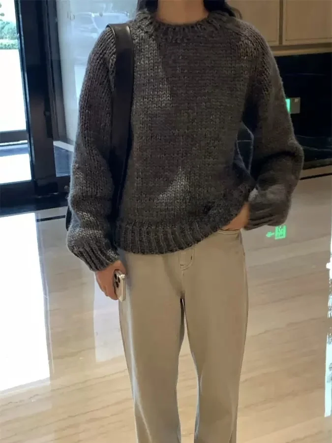 Simple Sli Winter Knitted Sweater round Ne Thi Yarn Versatile Commute LFMPure Color Casual Loose Fit Women's Wool Blend - AliExpress Sweaters&Jumpers