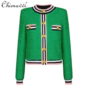 French Elegant Fashion Round Neck Long Sleeve Single-Breasted Striped Versatile Knitted Sweater Cardigan Tops Women Spring 2025 - AliExpress Sweaters&Jumpers