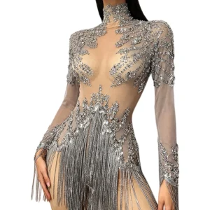 Sparkly Crystals Sequins Tassel Bodysuit Club Dance High Cut Thong One Piece Leotard See Through Mesh gig Sexy Outfit Tangshui - AliExpress Jumpsuits&Rompers