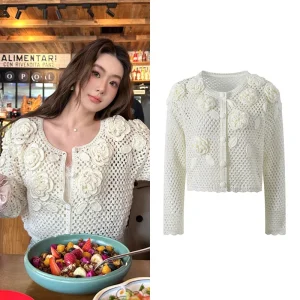 Romantic Aosphere ort Knitted Cardigan Hollow out round Ne 3D Hook Flower Summer New Sle Women's Gentle Sle Top - AliExpress Sweaters&Jumpers