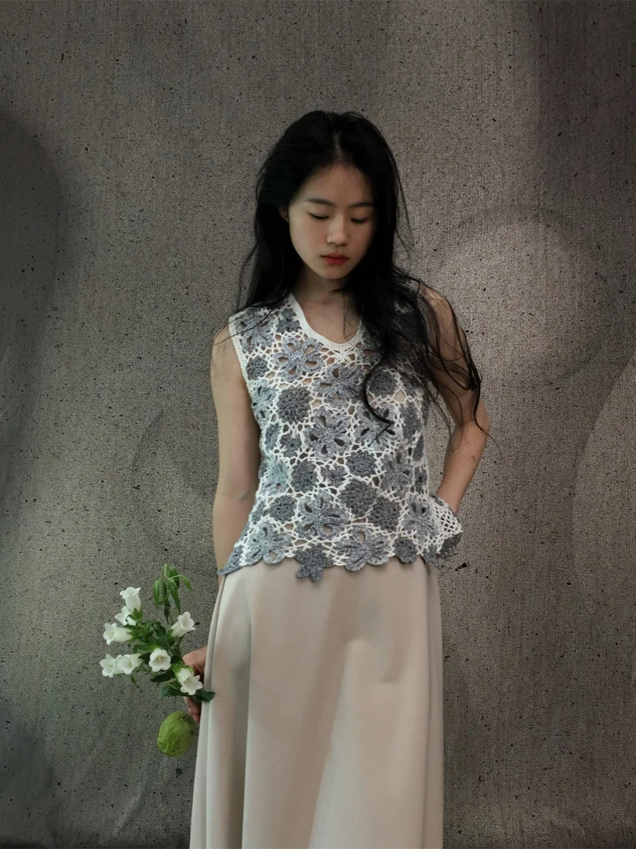 Handmade ey Floral Hollow out Strap Women's Casual Sle Cotton V-Ne Top Irregular Depth Flower Design Spring Faion - AliExpress Sweaters&Jumpers