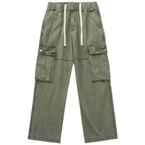 American Vintage Washed and Distressed Men's Army Green Multi-pocket Straight-cut Casual Loose-fitting Pants - AliExpress Pants
