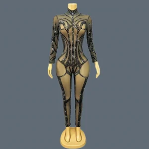 Women Sexy Long Sleeve Sparkly Black Crystal Mesh Jumpsuit Night Club Party Dancer Performance Costume Stage Outfit Heibianfu - AliExpress Jumpsuits&Rompers
