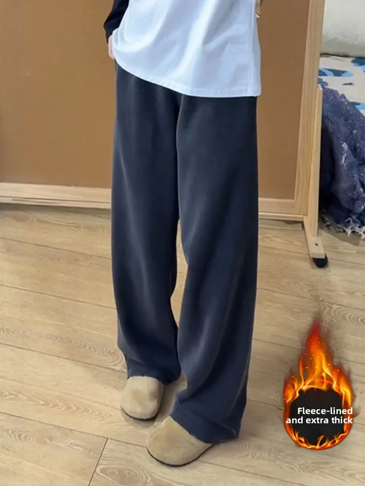 High-End Men's Winter Fce Lined Thiened Distred Wide Leg Sports Pants American Sle Bla Waed Bend Knife Sweatpants - AliExpress Pants