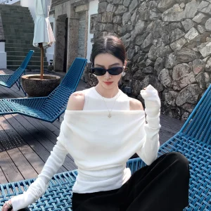 Bingo Design Knitted oulder Bared Two Piece Illusion Women's Top Casual Sle Knitted Long Sve High Quali Spring New - AliExpress Sweaters&Jumpers