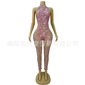 Niche Personalized Jumpsuit Sexy Shiny Pink Rhinestone Female Singer Night Performance Pink Maple Leaf Vestidos Graduación Mujer - AliExpress Jumpsuits&Rompers
