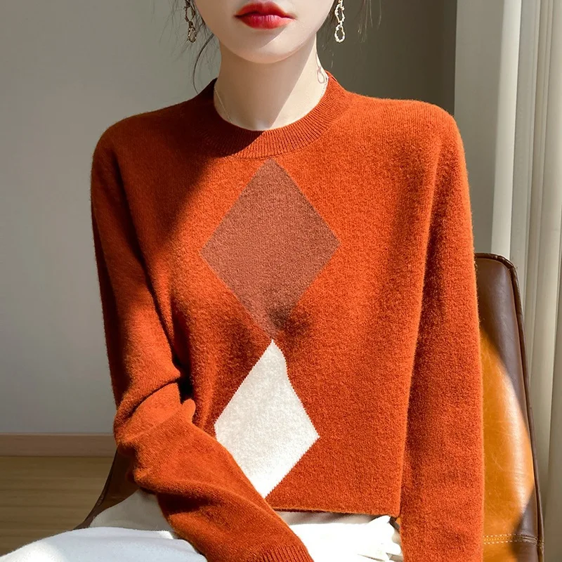Retro Contrast Color Lattice Wool Sweater College Style round Neck Women's Loose Pullover Keep Warm Long Sleeve - AliExpress Sweaters&Jumpers