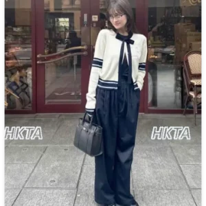 Spring Autumn New Japanese Chest Embroidery Color-Block Sweater Coat Women Satin Ribbon Bow Tie College Style Knitted Cardigan - AliExpress Sweaters&Jumpers