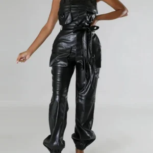 Black Matte Leather Cargo Pants Jumpsuit Women Stretch PU Rompers with Pocket Belt Ladies Chic Sleeveless Jumpsuits Party Custom - AliExpress Jumpsuits&Rompers