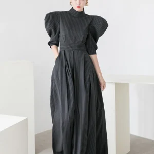 Slim Fit Striped Bubble Sve Jumpsuit High Waist Wide Leg Pants Women's Faion Spring Outfit Comfortable Commute Sle - AliExpress Jumpsuits&Rompers