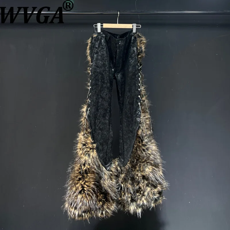 WVGA Autumn Winter New Man High Street Printed Trendy Fur Thickened Patchwork PU Punk Niche Chic Casual Flared Pants Ins W13314 - AliExpress Pants