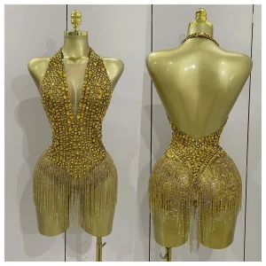 Luxury Golden Rhinestone Sexy Mesh Stretch Bodysuits Women Birthday Dancer Performance Stage Wear Nightclub Team Hotwife Outfit - AliExpress Jumpsuits&Rompers