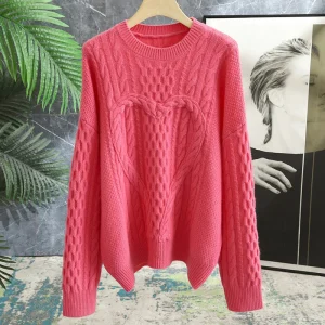Pink Woolen Sweater 100% Pure Wool Loose Fit 3D Heart Knitted Winter Cotton Candy Style Women's Fashion Commute round Neck Lo... - AliExpress Sweaters&Jumpers