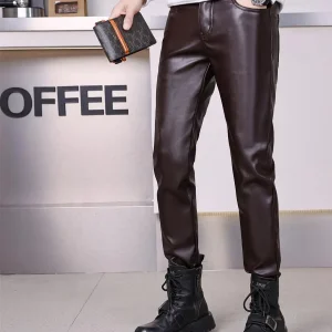 Black Denim Casual Leather Pants Men's Slim Fit Motorcycle Long Trousers Men's Autumn Winter Windproof Waterproof Trousers - AliExpress Pants