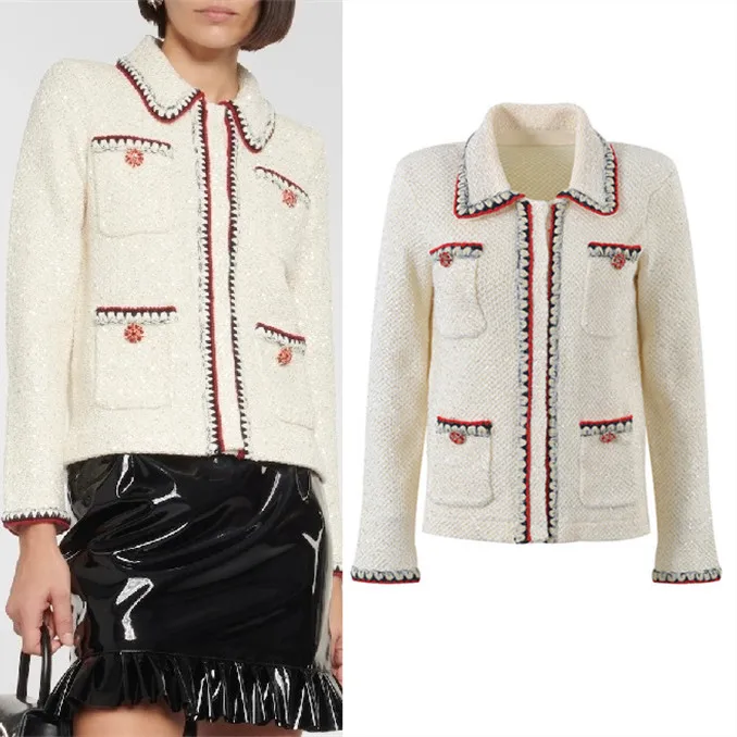 Ele Ivory Classic Fraance Windbreaker Women's Knitted Jaet with iny Sequin Trimmed ket Open Cardigan - AliExpress Sweaters&Jumpers
