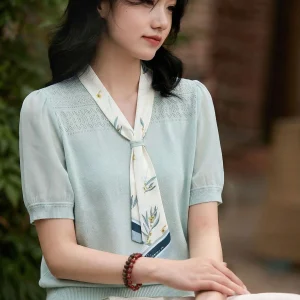 Chivirin Women's Knitted Shirt Summer 2026 Casual Style Short Sleeve Commute Versatile Loose Fit round Neck Fashionable Sash - AliExpress Sweaters&Jumpers