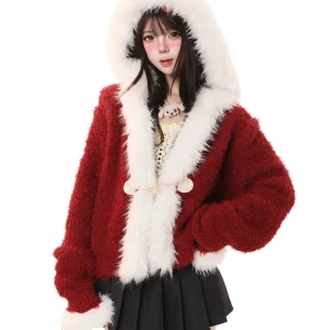 Thiened Plu Knitted Sweater Coat for Women with Hood Bull Horn Bule Red Sweater Sweet Sle Loose Fit Warm Outerwear - AliExpress Sweaters&Jumpers