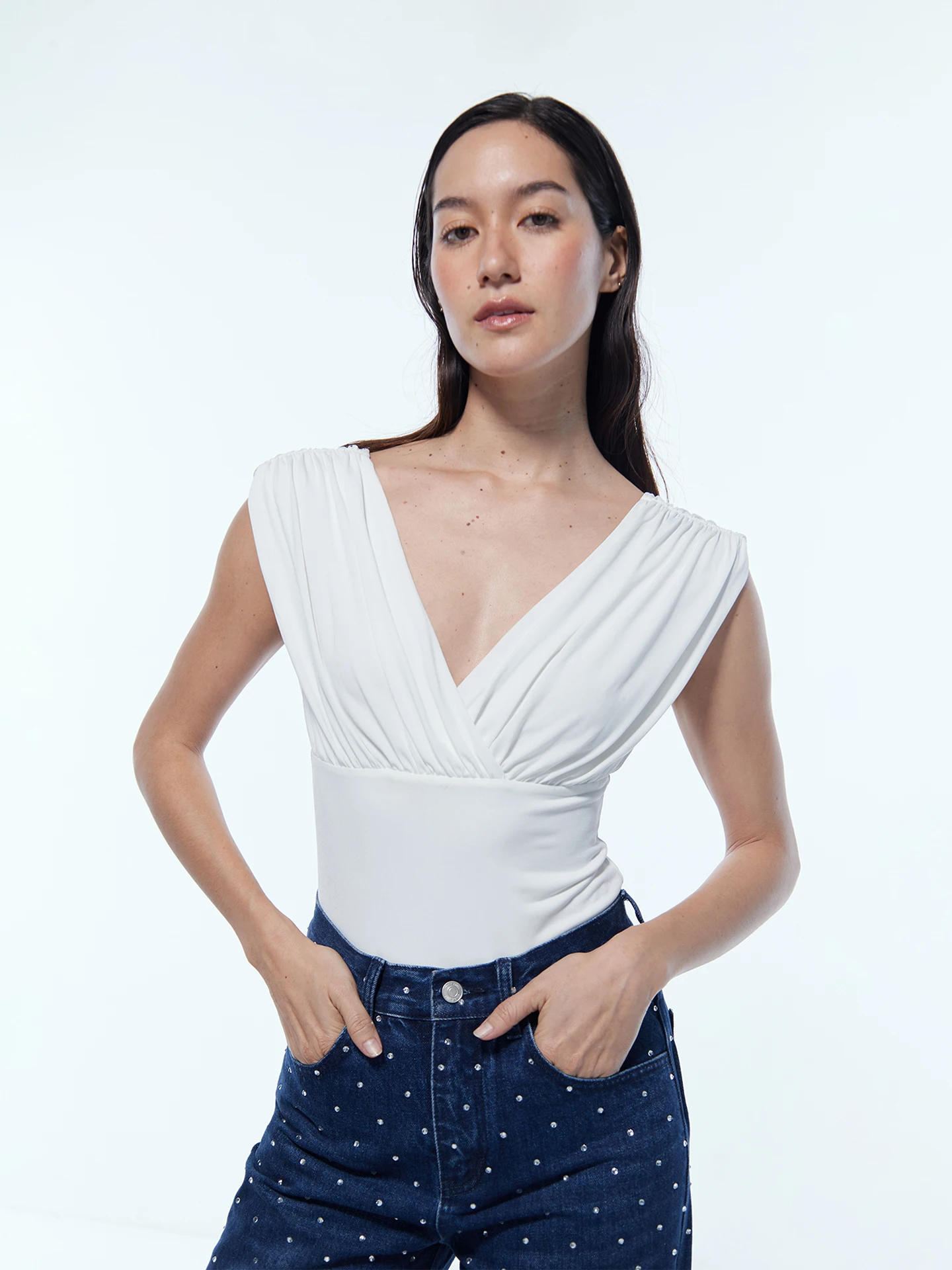 Tore White Pleated V-ne Slim Fit Women's Top Bal High Waist ort Pants Polyester Fabric Thin Design Commute Sle - AliExpress Jumpsuits&Rompers