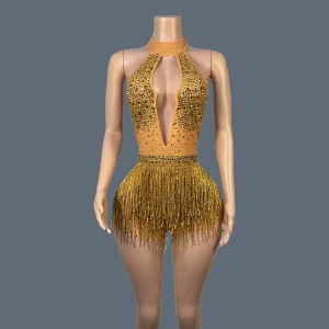 High-end Hanging Neck Dance Bodysuit for Women Sparkly Crystals Tassel Female Samba Dance Performance Deep V Bodysuit Shengxia - AliExpress Jumpsuits&Rompers