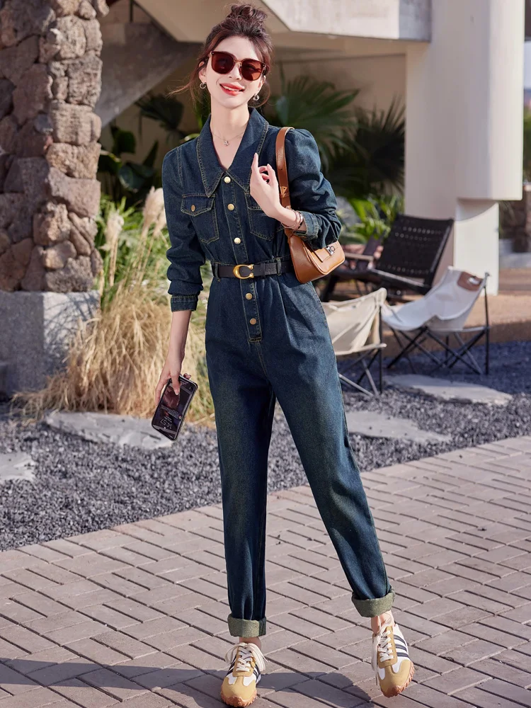 Ele High-Waist Slimming Denim Overalls Set Women's Spring Autumn New Sle Cotton Workwear Utili Pants Suits - AliExpress Jumpsuits&Rompers