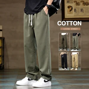 100% Cotton Men's Loose Wide Leg Pants Elastic Waist Fashion ArmyGreen Khaki Korean Streetwear Autumn Straight Trousers - AliExpress Pants