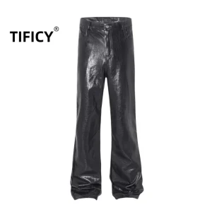 High Street Pants Men's Dark Snake Patterned Leather Pants Wide Leg Floor Streetwear Fashion Length Pants Punk Style - AliExpress Pants