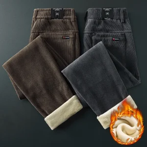 Winter Fleece Warm Corduroy Fabric Men's Casual Pants Outdoors Business Thick Flocking Plush Black Grey Brown Trousers Male - AliExpress Pants