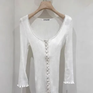 Spring 2026 Women's Slim Fit Long Sleeve Knitted Sweater Lace Trim Square Collar Fashionable Seven Sleeve Top Luxury Style - AliExpress Sweaters&Jumpers