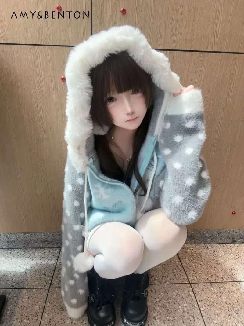 Kawaii Cartoon Print Plush Hooded Thicken Knitted Cardigan Autumn Winter New Japanese Sweet Cute Loose Casual Cardigan Women - AliExpress Sweaters&Jumpers