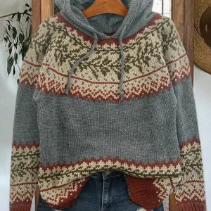 Women's Loose Gray Hooded Knit Pullover with Fair Isle Geometric Floral Pattern, Autumn Winter Casual Sweater - AliExpress Sweaters&Jumpers