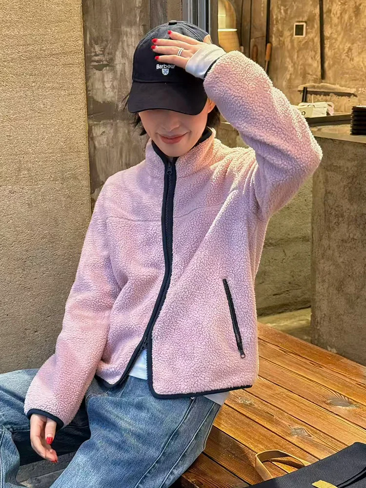 Bebes Home Pink Fce Lined Zipper Cardigan Outdoor Women's Jaet Spring Inner Fluffy Polyester Fiber Stand Fit Casual S... - AliExpress Sweaters&Jumpers