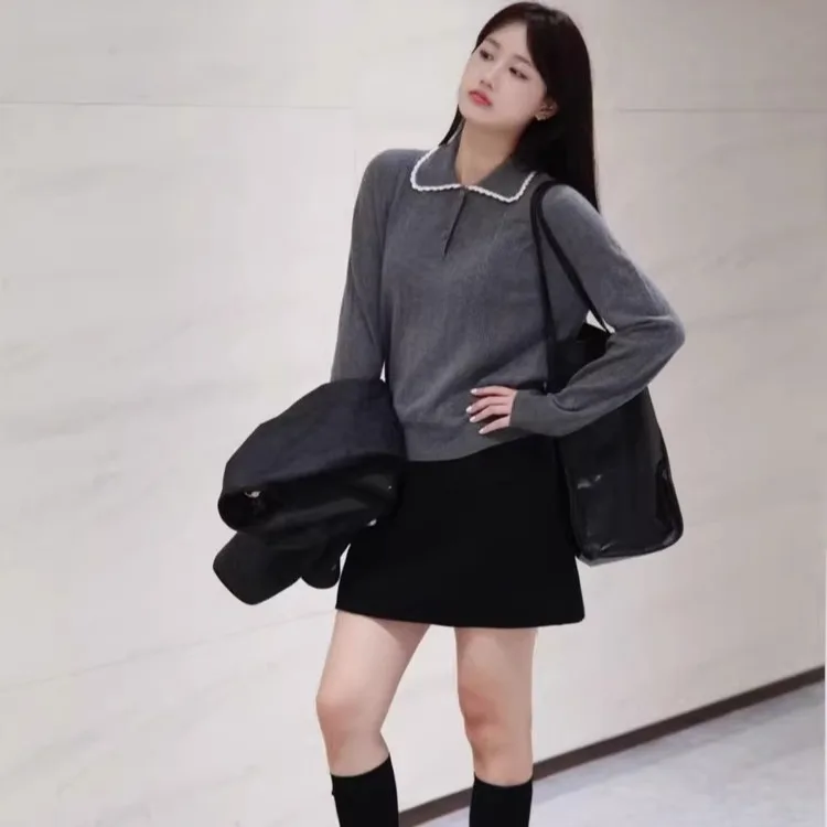 Mimifa 00% Wool Knitted Collar Sweater Color Blo Lace Casual Sle Soft Fabric Long Sve mid Length for Women - AliExpress Sweaters&Jumpers