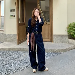 New Denim One-Piece Suit with Belt Silk Scarf Tee-Piece Set Women's Faion Spring Summer Autumn Cotton Wide Leg Jumpsuit - AliExpress Jumpsuits&Rompers