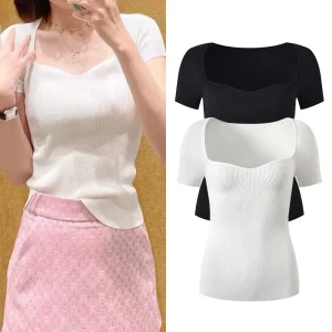 Ele Square Collar ort Sve Slim Fit Knitted T-irt Women's Base irt Gentle Top Summer 2024 New Sle Commute Sle - AliExpress Sweaters&Jumpers